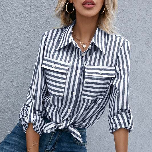 Women's Long Sleeve Striped Shirt Elegant Chic Button Shirt Fashion Wide Pocket Top Blue Office Shirt