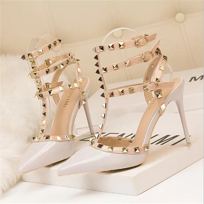 Rivet High Heels Luxury Designer Women Shoes Ladies Pumps Sexy Spring Summer 2020 Fashion Sandals Office Dress White Black Shoes