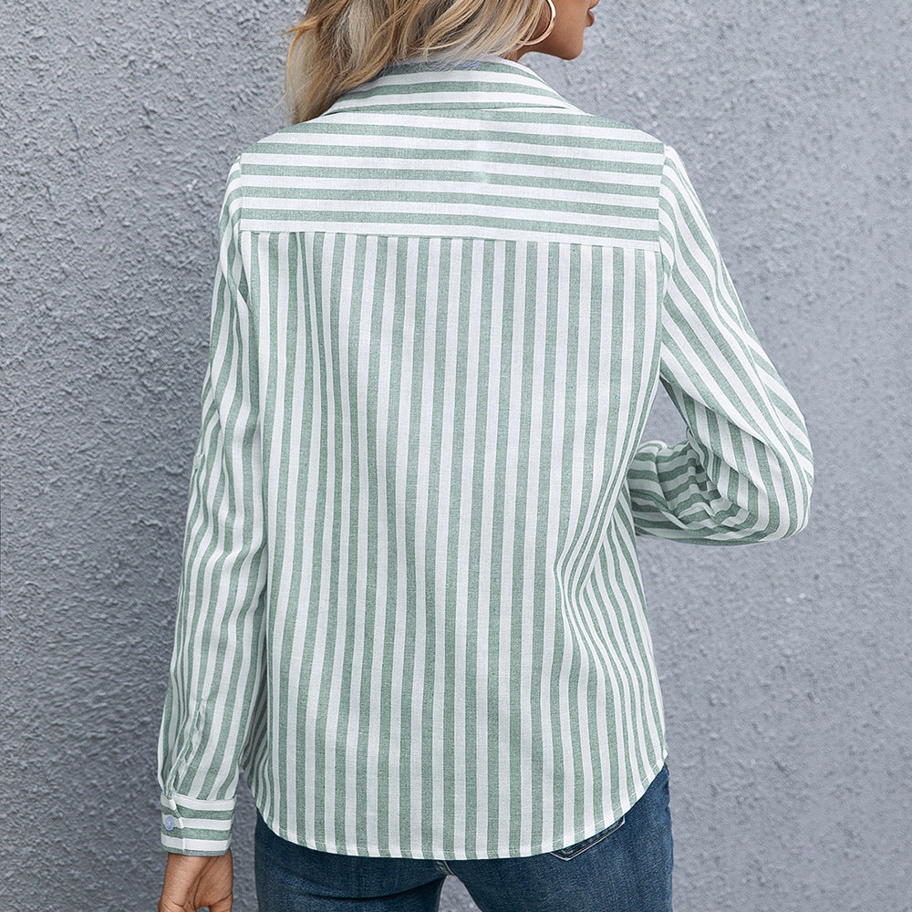 Women's Long Sleeve Striped Shirt Elegant Chic Button Shirt Fashion Wide Pocket Top Blue Office Shirt