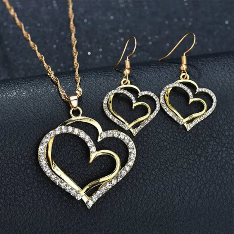 3 Pcs Set Heart Shaped Jewelry Set of Earrings Pendant Necklace for Women Exquisite Fashion Rhinestone Double Heart Jewelry Set