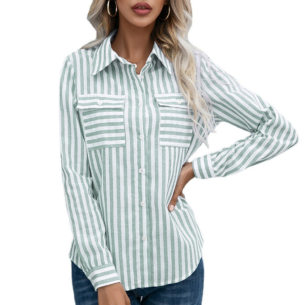 Women's Long Sleeve Striped Shirt Elegant Chic Button Shirt Fashion Wide Pocket Top Blue Office Shirt